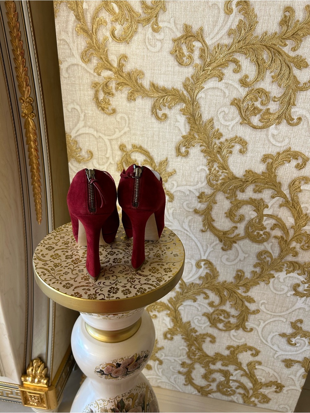 Miu Miu Burgundy Suede Peep-Toe Platform Heels with Bow